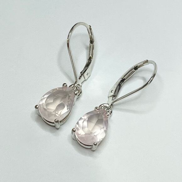 BEAUTIFUL 4ctw Pear Cut Natural Rose Quartz Earrings in Sterling Silver - Picture 4 of 7